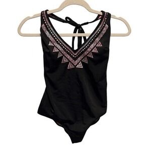 PINK Victoria's Secret Black Embroidered Halter One-Piece‎ Swimsuit S